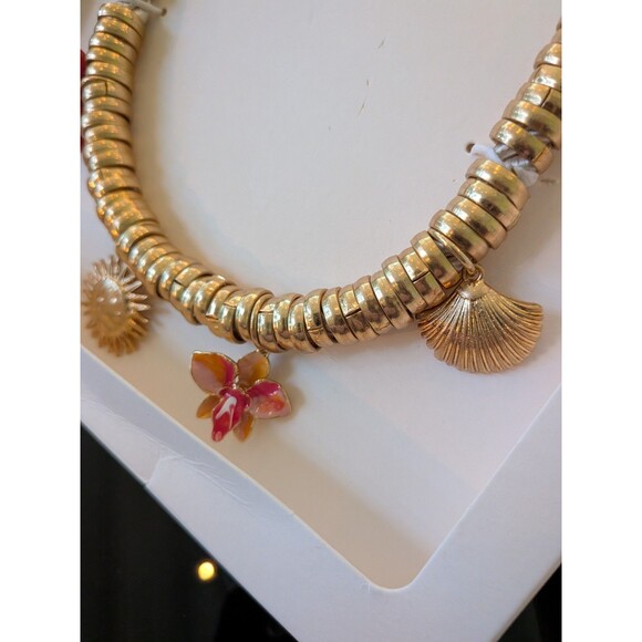 ZARA Necklace Women's Seashore Charms Golden Enamel Cream Cord Statement Coastal - Picture 7 of 15